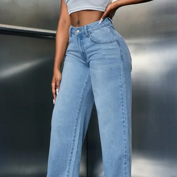 Wide Leg Denim Pants, Drop waist Slant Pocket Wide Leg Jeans - Picture 5 of 6